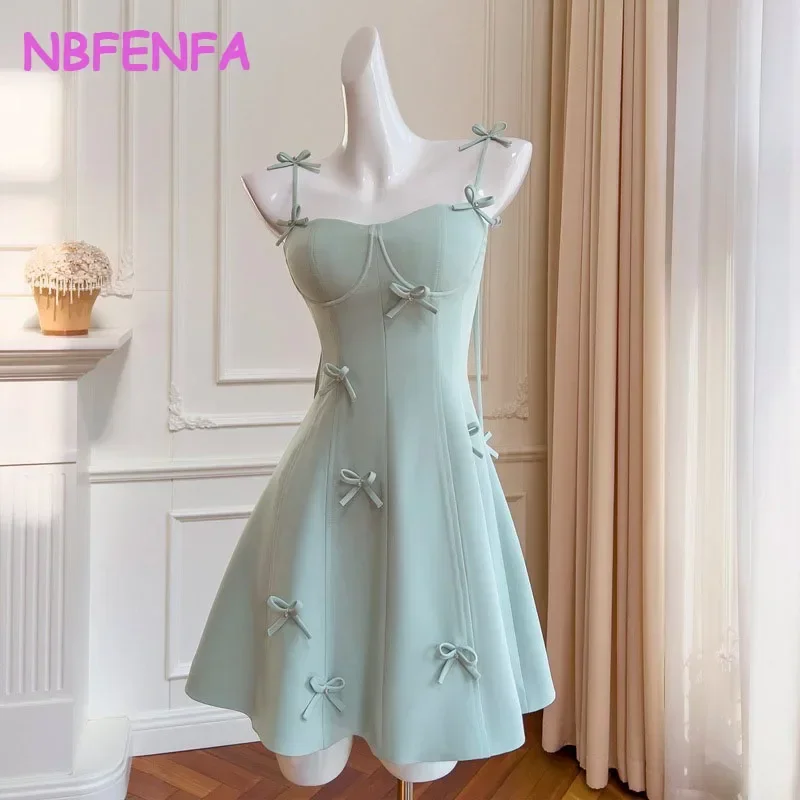 

NBFENFA French Evening Dresses 2024 New Bow Suspenders Sexy Green Petite Holiday European and American Dress Vestidos De Noche