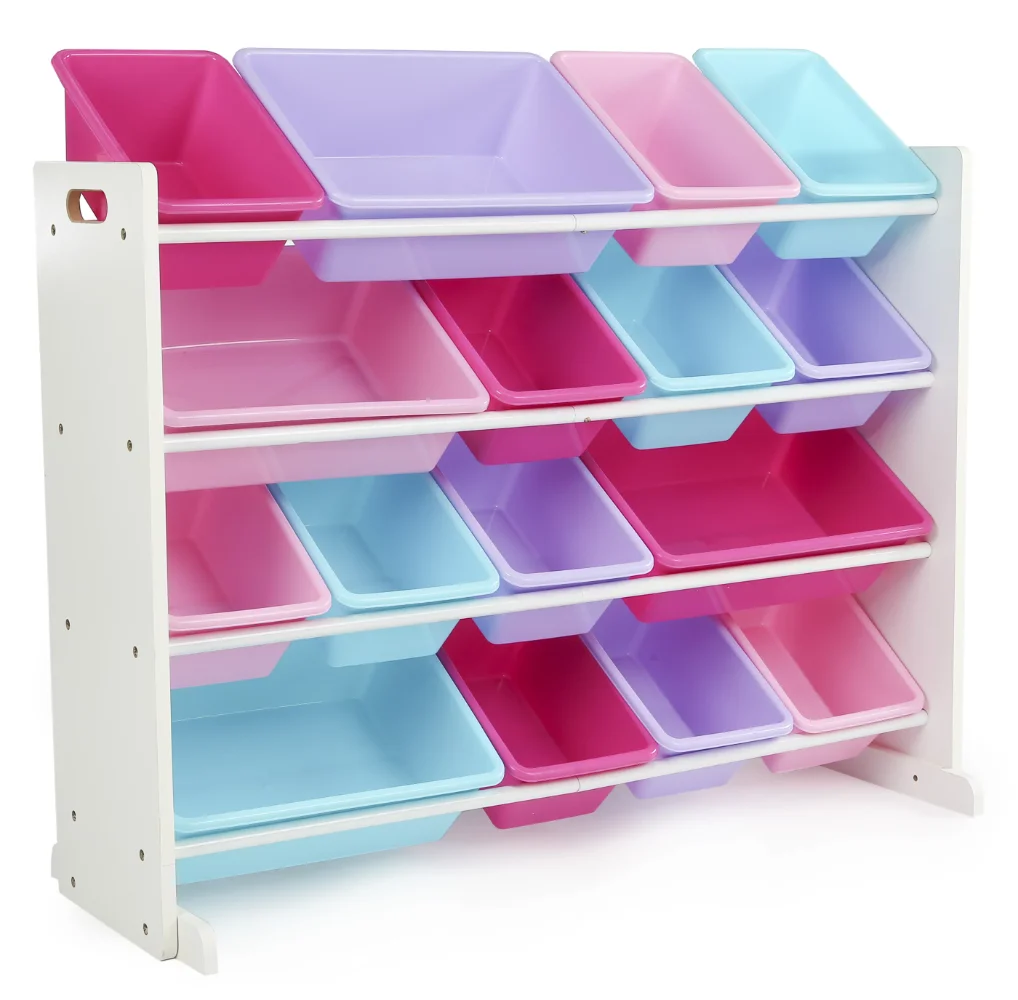 Humble Crew White/Pink Kids Toy Storage Organizer with 16 Plastic Bins