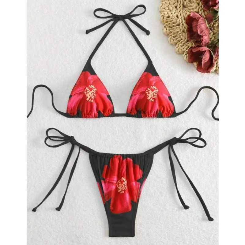 Vintage Flower Pattern Bikini Set Swimsuit Women Halter Triangle Lace Up Thong Micro Bikini 2025 New Vacation Beachwear Biquini