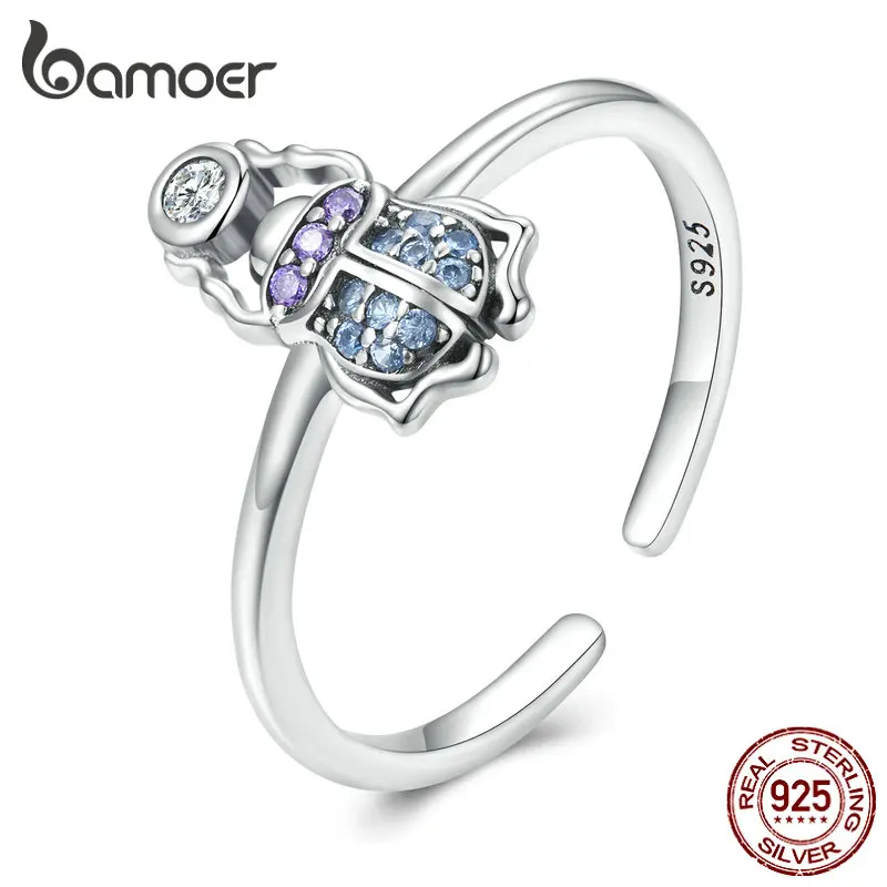 Bamoer 925 Sterling Silver Scarab Opening Ring Insect Adjustable Finger Ring for Women Pave Setting CZ Fine Jewelry SCR903