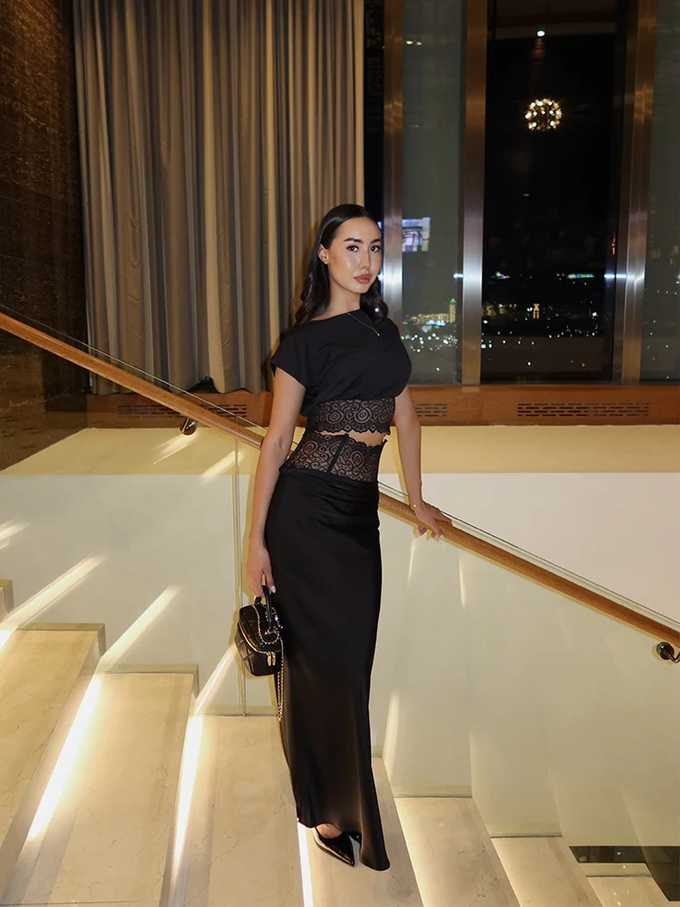 Women Lace Patchwork Suits 2 Piece Set (Sheer Crop Top+Skirt) Party ELegant Tracksuits Sexy Club Fashion Streetwears Slim Fits view 6
