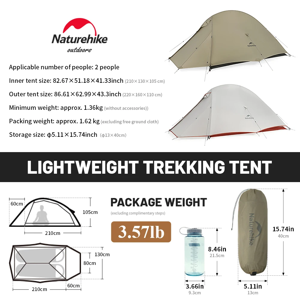 Naturehike-Cloudup Pro 2 Pessoas Tenda, Atualizado 20D, Impermeável, Acampamento ao ar livre, Caminhadas, Ultraleve, Anti-mosquito, Respirável, Abrigo Solar