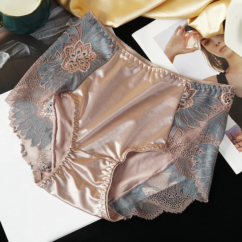 

1Pc New Women's Panties Sexy Hollow Lace Silk Satin Underwear Mid Waist Seamless Flowers Panties Soft Comfortable Female Briefs