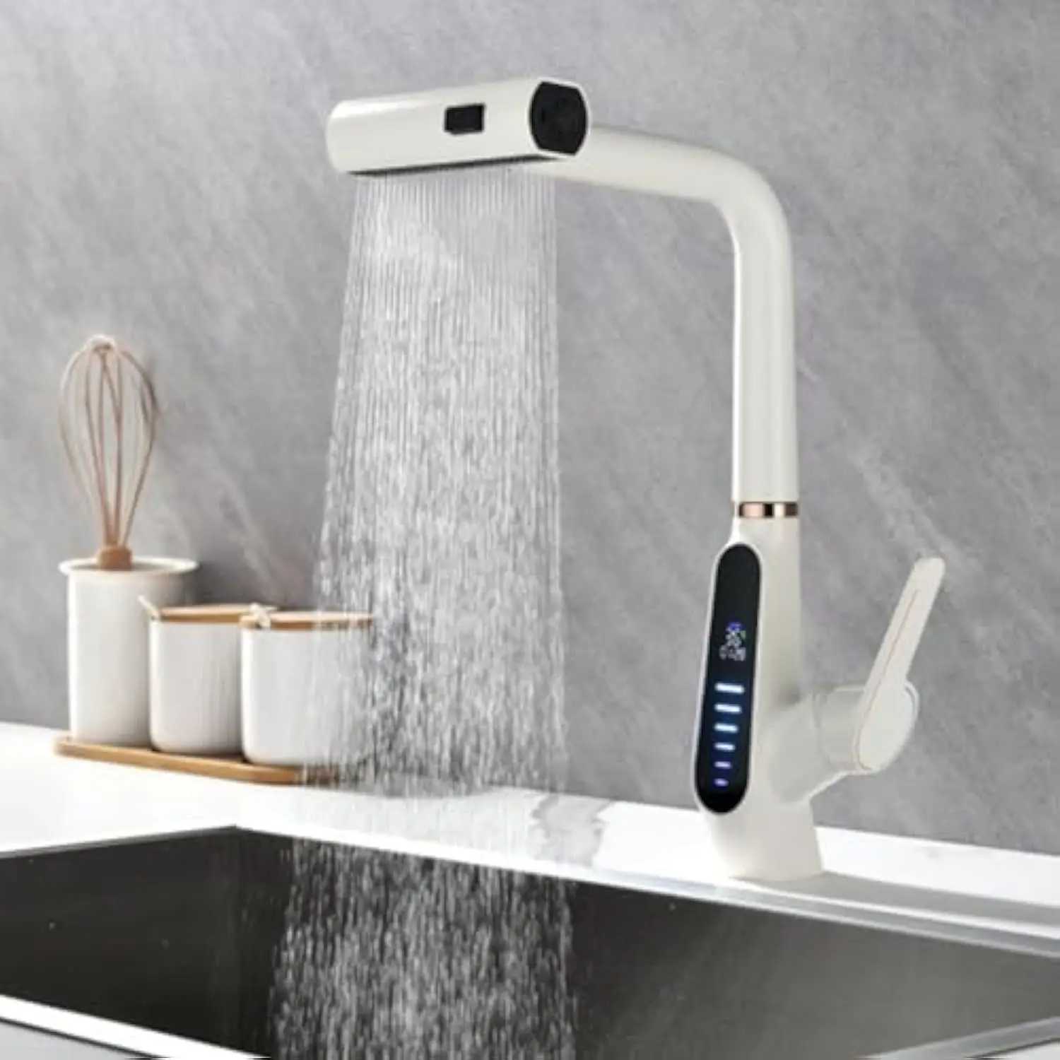 

Waterfall Kitchen Faucet with Pull down Sprayer, Led Kitchen Sink Faucet with Temperature Display, Pull Out Kitchen Faucet Mode