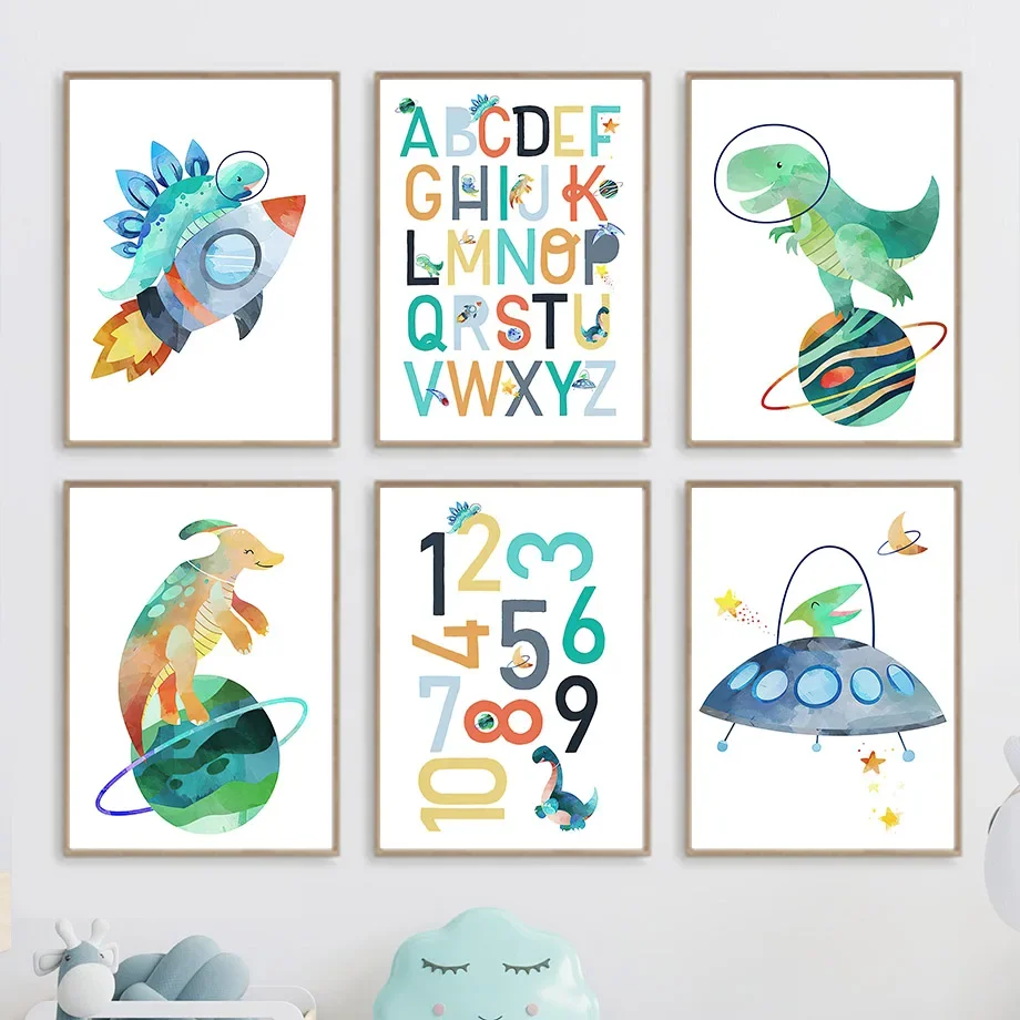 

Space Dinosaur Rocket Ship Alphabet Nordic Posters And Prints Wall Art Canvas Painting Cartoon Wall Pictures For Kids Room Decor