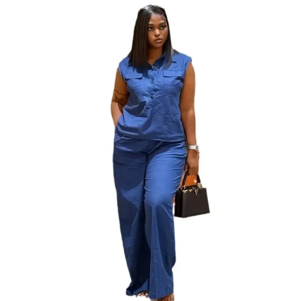 

plus Size Women's African Style Two-Piece Set Sleeveless Vest And Wide-Leg Pants Workwear Summer Suit