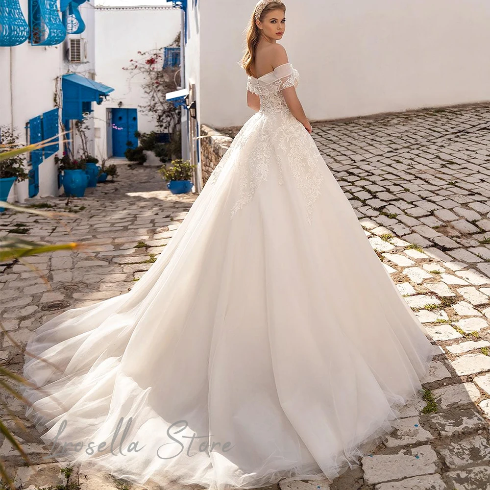 Nobiltà Off-spalla elegante abito formale pizzo a-line Tulle donne Luxury Princess International Court abito da sposa civile 2024