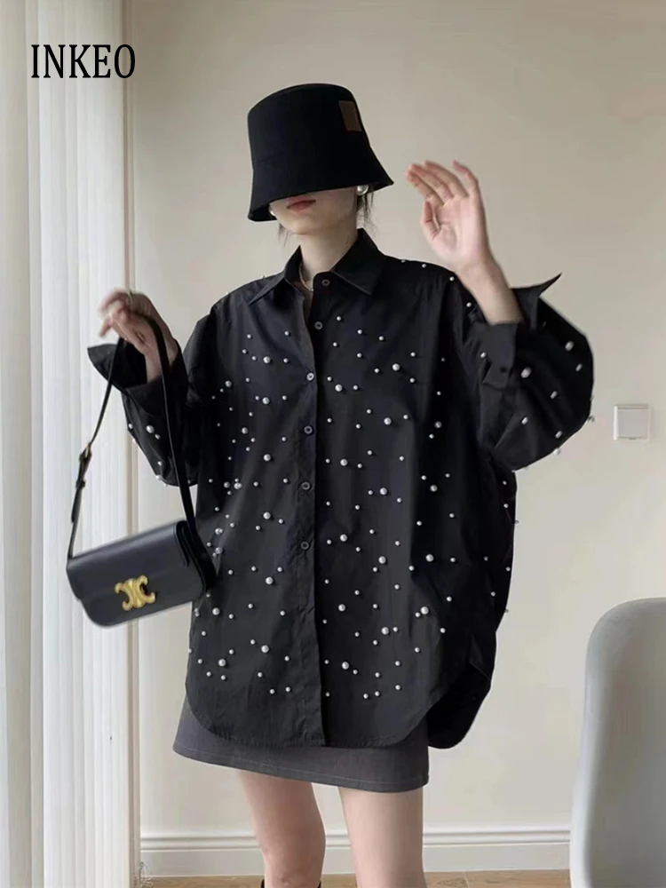 

Design Women's Pearl beading shirt 2024 New High quality Long sleeve blouse Oversized Solid Spring summer Tops Chic INKEO 4T120