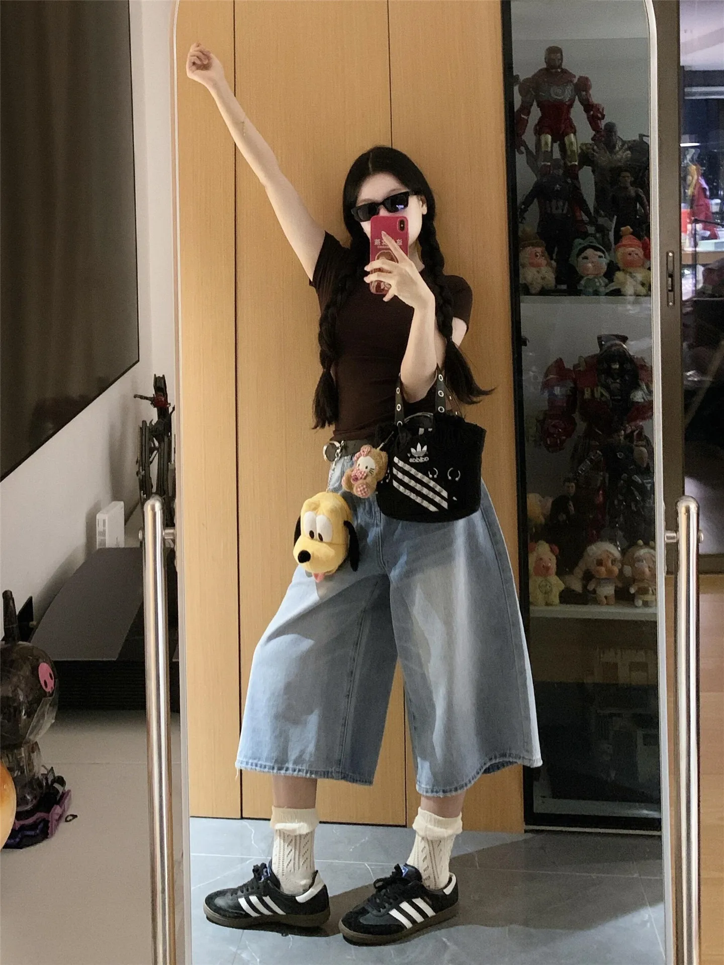 

Американские ретро-шорты из светло-голубого денима с широкими штанинами для женщин, летние, тонкие, с высокой талией, свободные, укороченные, средней длины