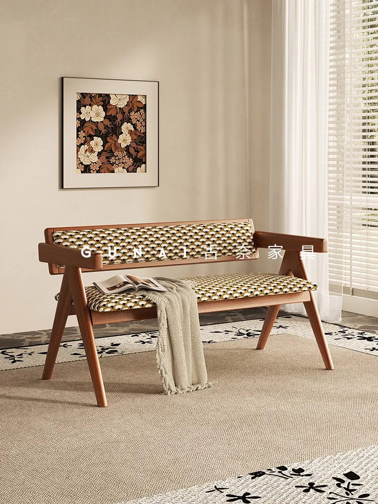 H1 Vintage solid wood soft-wrapped bench,  used dining table chairs, home fabric shoe-changing bench