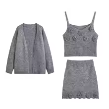 Womens Matching Sets 3-Piece Floral Knit Cardigan Camisole Skirt - Gray