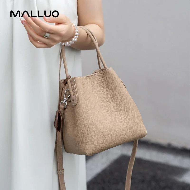 Women Cowhide Leather Genuine Basket Bag Commuter Fashion Versatile Shoulder Bucket Bags Crossbody Handbag Messenger for Ladies