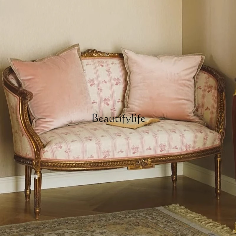 

French retro solid wood carving flower double triple sofa chair American country fabric printing arc leisure sofa