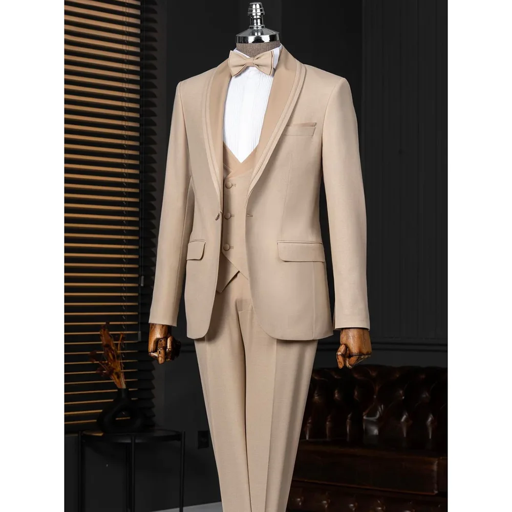 

Gentle Khaki Single Breasted Peaked Lapel Men Suits 3 pieces (Jacket+Pants+Vest) Wedding Evening Party Sets Formal Event Suits
