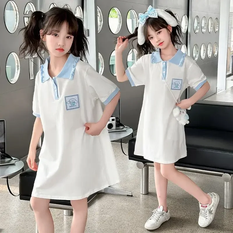 Sanrio hello kitty girls casual lapel dress Cinnamon children's summer new fashion striped short sleeve A-line skirt fashion