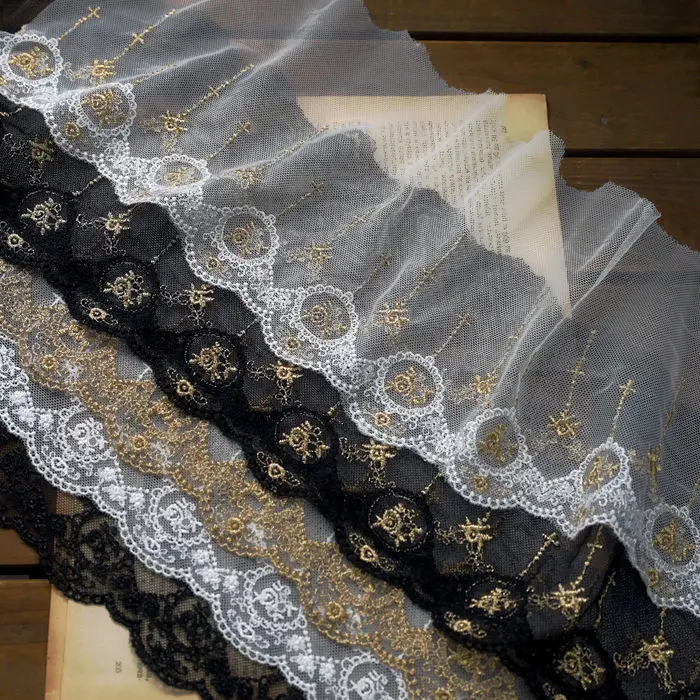 Width 15cm black and white gold thread embroidered mesh lace DIY skirt baby clothes for fabric decoration materials