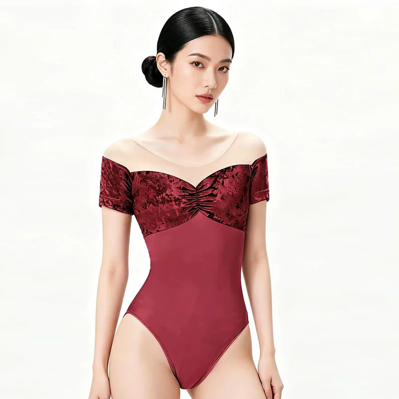 

Бархатное лоскутное боди с короткими рукавами, комбинезон, балетное трико, купальник для взрослых для танцев, женский классический костюм балерины