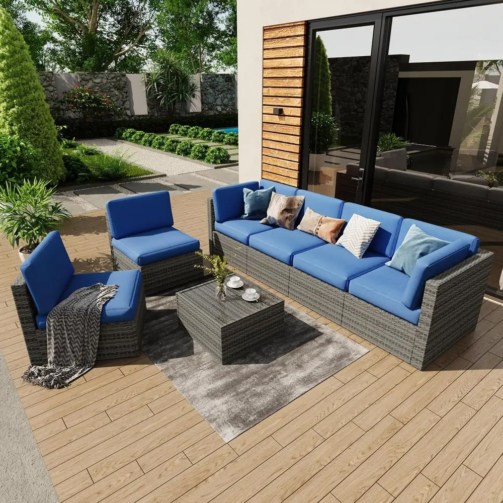 

All-Weather Outdoor Sectional Patio Furniture Set with Blue Cushions and Coffee Table