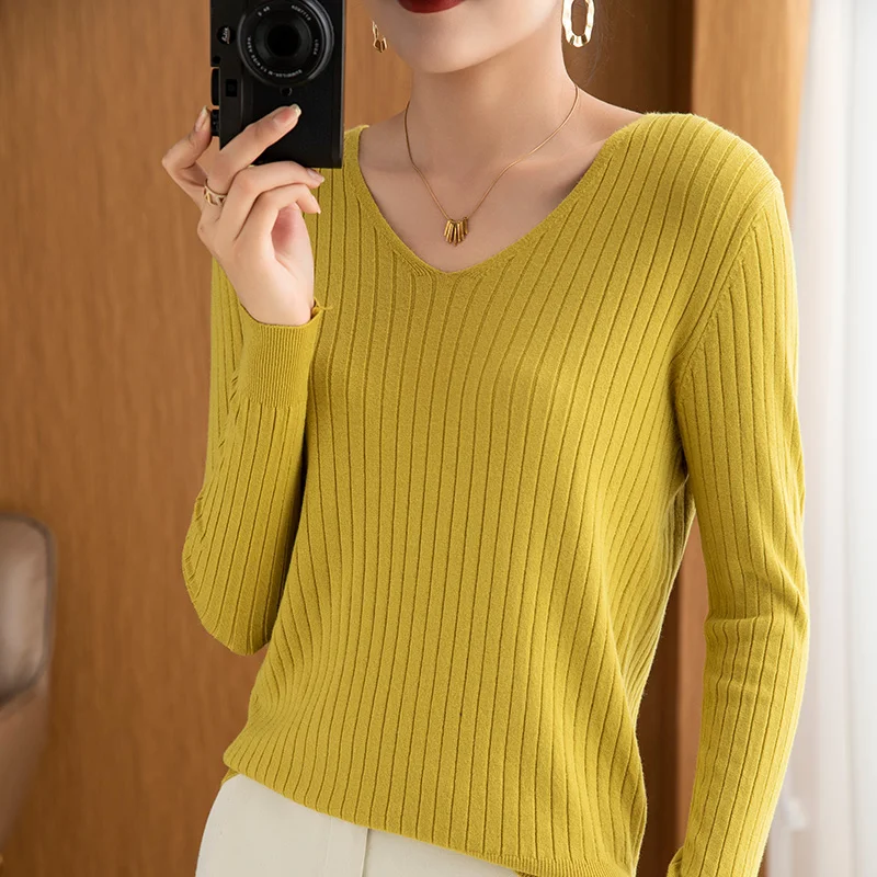 Fashion V-Neck Long Sleeved Knitwear Women's Autumn And Winter 2022 New Style Western-style Loose Fit Under The Bottom Sweater