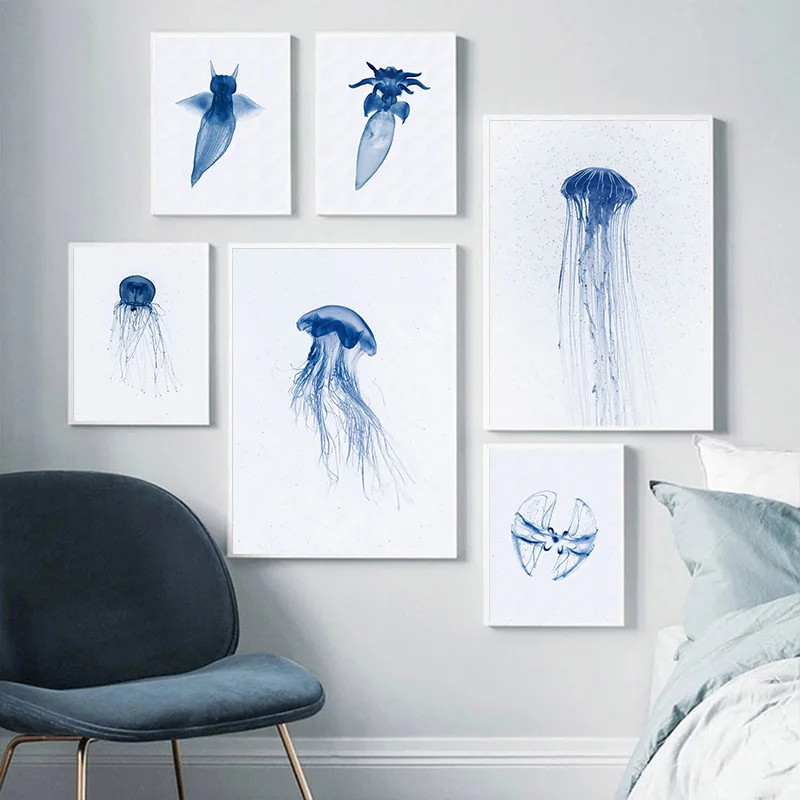 لوحة قماشية على شكل مخلوق بحري وقنديل البحر والحبار كراكن وسمك القرش في الليل لوحة جدارية بسيطة لتزيين غرفة المعيشة والمنزل