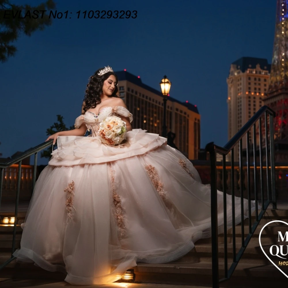 Eplast personalizado brilhante rosa vestido de baile quinceanera vestido de renda brilhante apliques miçangas em camadas doce 16 vestidos de 15 anos e1qn355