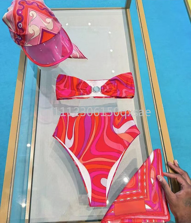 

Luxury Design Women's Red Scarf Strapless Bikini Sets with Letter Signature Logo Luxury Brand Sexy Headband Swimsuits Beachwear