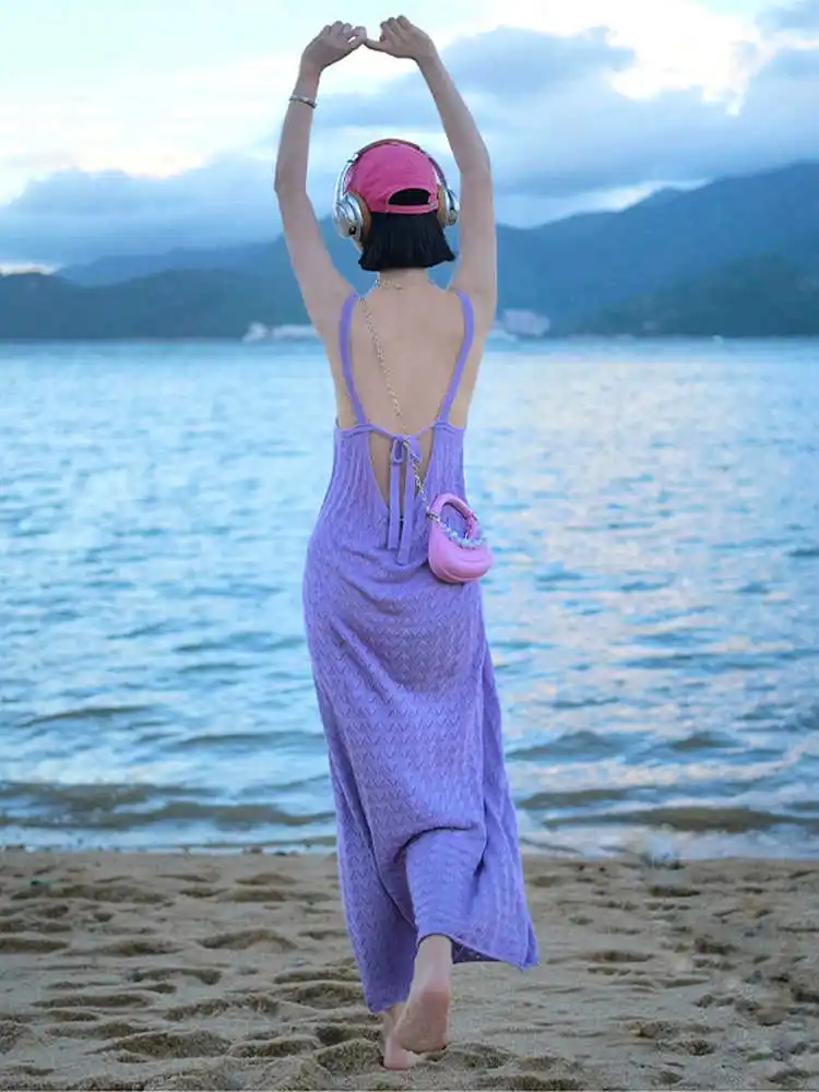

Clothland Women Chic Lilac Backless Dress Knitting Sleeveless Lace Up Knitwear Beach Wear Sexy Midi Dresses Mujer QE058
