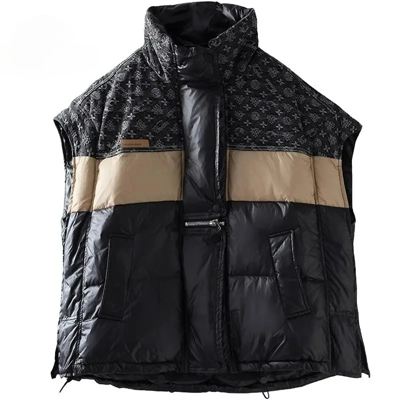 Gilet in piuma d'anatra da donna Colletto rialzato alla moda Colore a contrasto Splicing Loose 90% Bianco Nuovo prodotto invernale