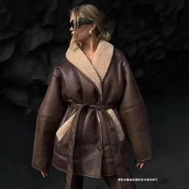 Vêtements pour femmes édition Festival de printemps mode cachemire cuir col de fourrure ceinture veste