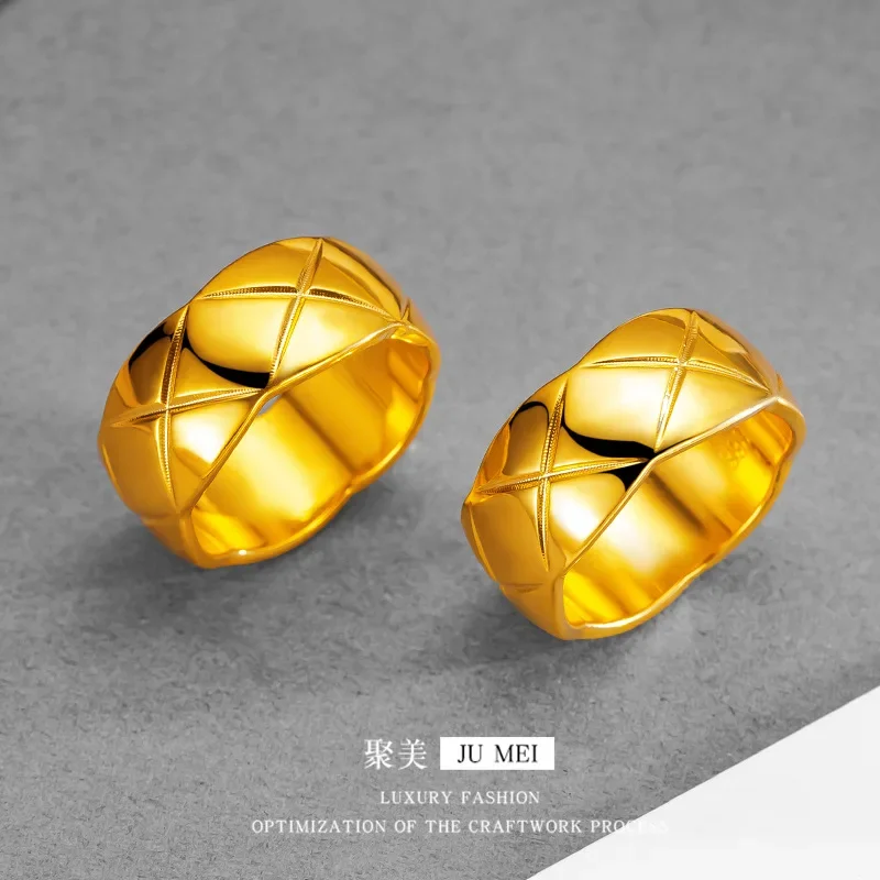 

9999 24K real gold European and American simple fashion rings for women ins rings for women classic diamond pattern hip-hop