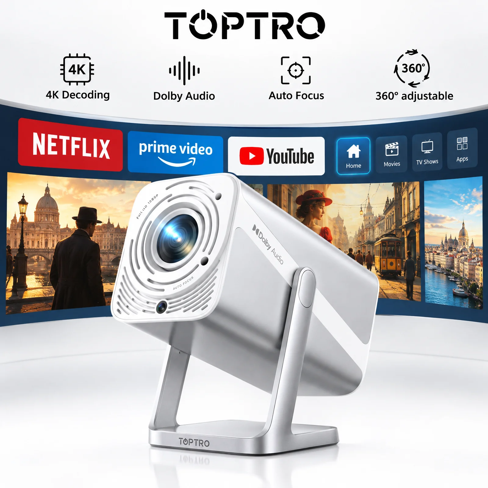 TOPTRO Projector 960ANSI Netflix Officially 1080P Auto Focus Support WIFI6 Mini TP1 Projector For Home Movie Theater