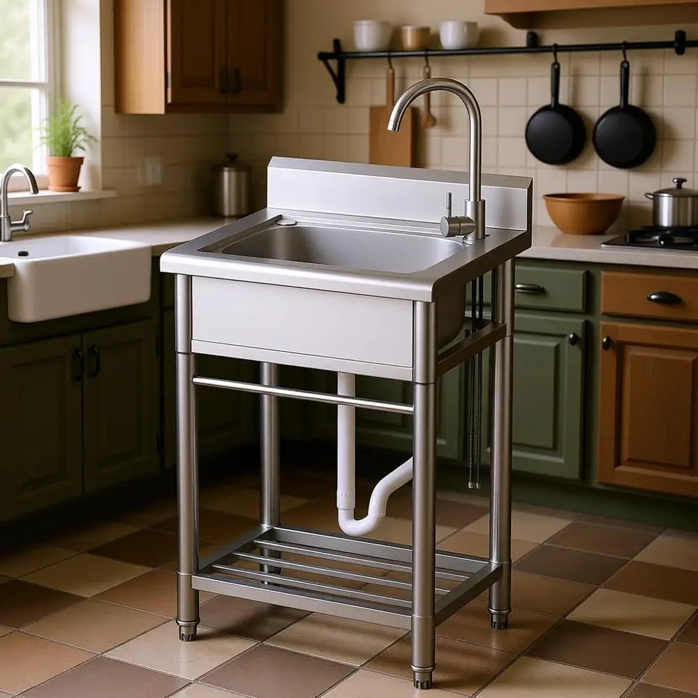 

Utility Sink ree Standing Single Bowl Kitchen Sink with Cold and Hot Water Pipe StainlSteel Sink or Laundry Room Bathroom armhou