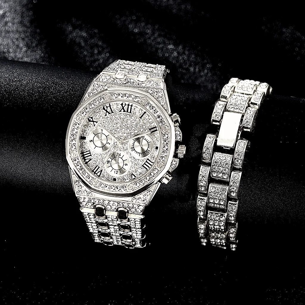 New Fashion Watch for Men Luxury Iced Out Watch Bracelet Cuban Link Chain Bangle Mens Watch Set Hip Hop Jewelry Groomsmen Gifts