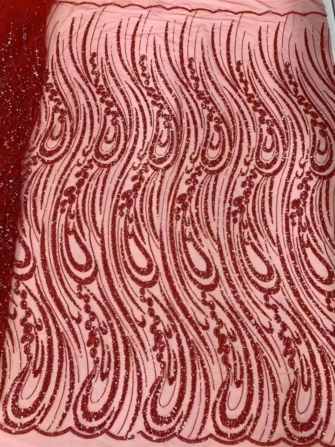 Red African Groom Lace Fabric 5 Yards 2024 High Quality Nigerian Sequins Tulle Lace Fabric For Sewing Wedding Dress Women Diy