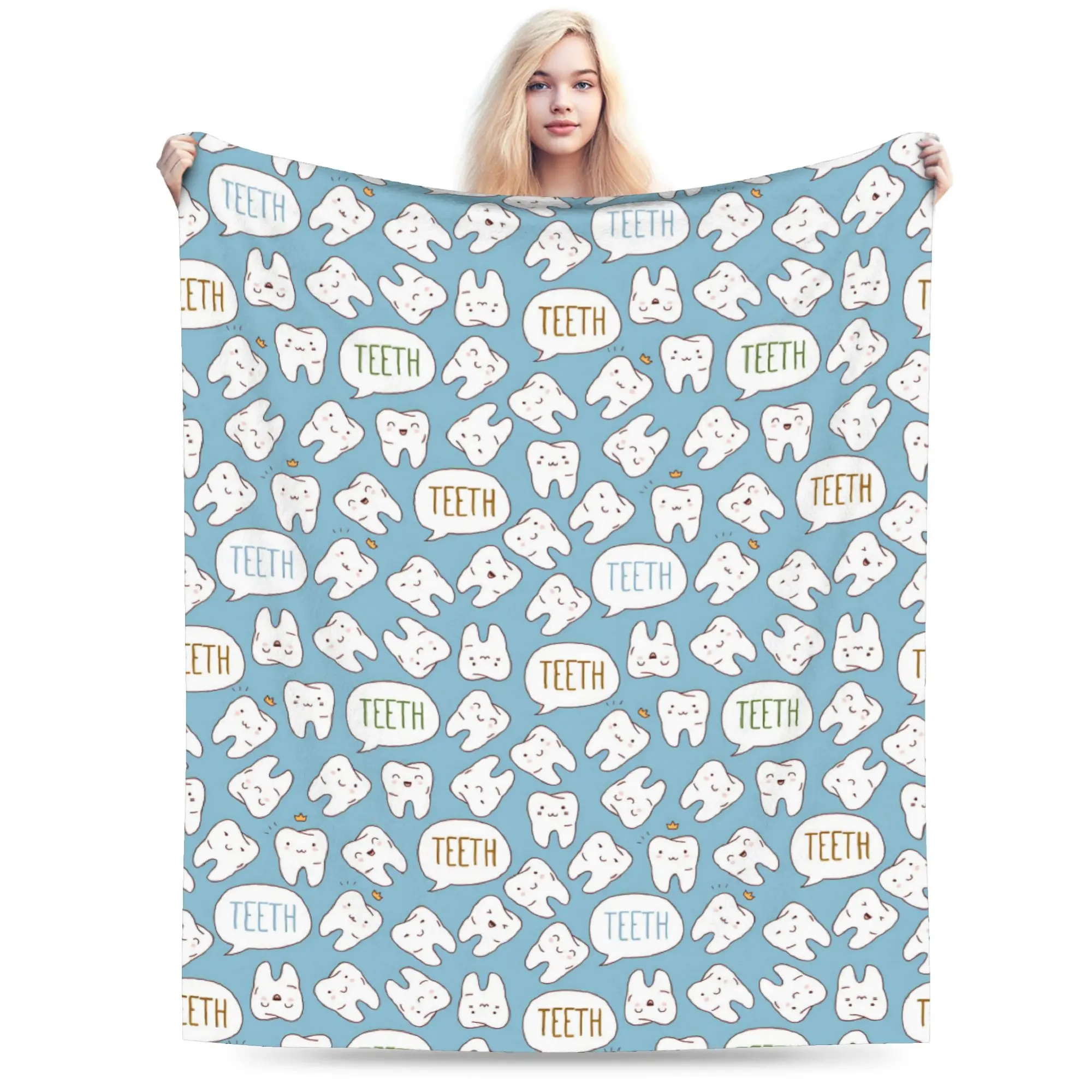 Custom Kawaii Healthy Teeth Pattern Tooth Blankets Warm Flannel Care Dental Health Throw Blanket for Sofa Office Bedspreads