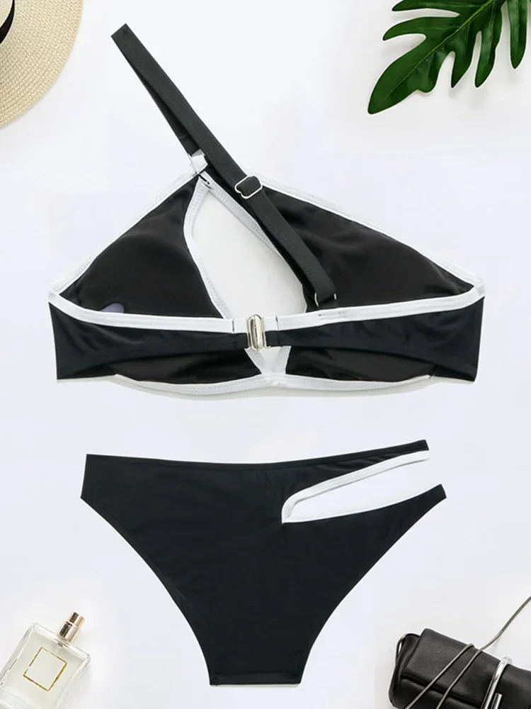 Splicing Een Schouder Hoge Uitgesneden Bikini Vrouwen Badpak Vrouwelijke Badmode Tweedelige Bikini set Asymmetrisch Badpak Swim Lady