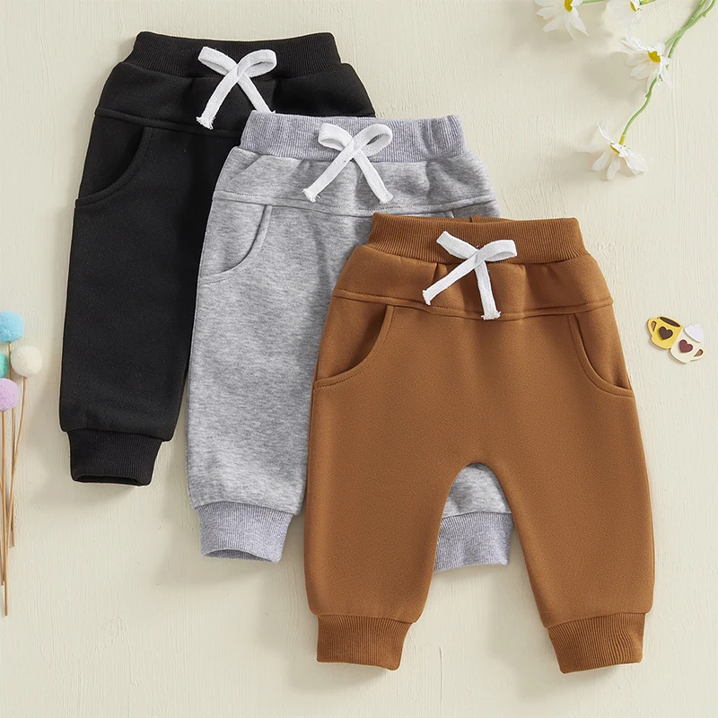 Baby Boys' 3-Pack Pull-on Jogger Pants Knit Pants Classic Fit Elastic Waist Kids Toddler Thick Pants Multipacks Long Pant Winter