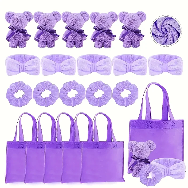 20 Spa-Geschenksets – 5 große Polyester-Beutel, 5 Stirnbänder, 5 Haarringe, 5 bärenförmige Stoffe – perfekt für Brautpartys, Einlegeln – Detail 1