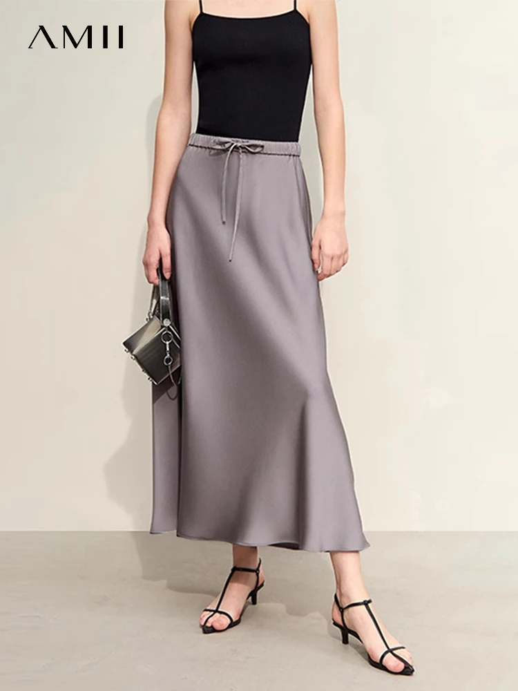 Amii Minimalism Gray Department Skirts For Women 2024 Spring New Light Luxury Oak Waist Loose Solid A-line Casual Skirt 12441288