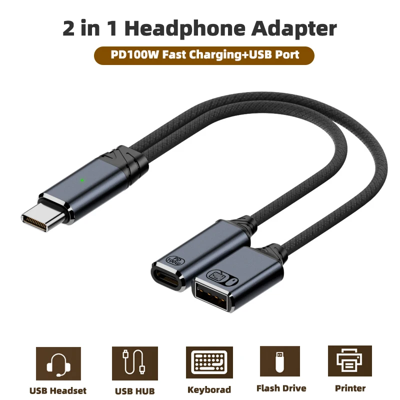 2 in 1 Headphone Adapter Type C to USB C PD100W HiFi Adapter Fast Charging Converter Audio Splitter Cable for Xiaomi Huawei Cord