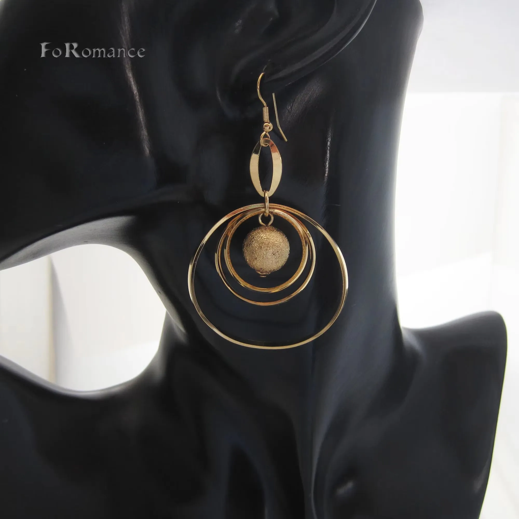 12MM BALL AND 35MM CIRCLES ROUND CHARMS DANGLER TALL 72 MM YELLOW GOLD PLATED DANGLE EARRING GREAT GIFT