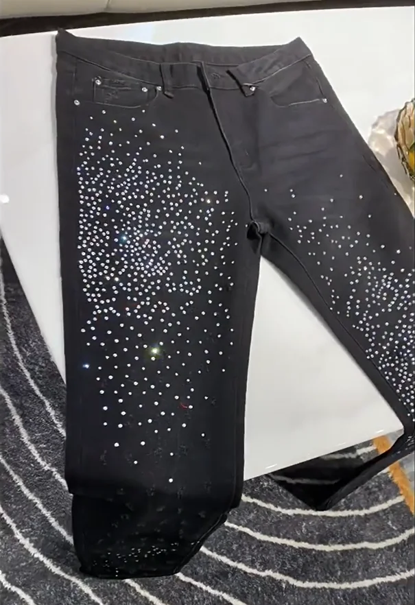 High-end Design Hot Diamond Jeans Men's Trendy Brand European Goods Scratched Handsome Slim-fitting Small Feet Black Pants