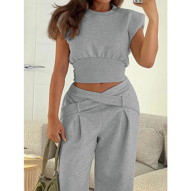 

Fashionable Slim Short-sleeved Top + Wide-leg Pants Two-piece Sets Women Solid Color Summer Loose Shirt Trousers Suit For Women