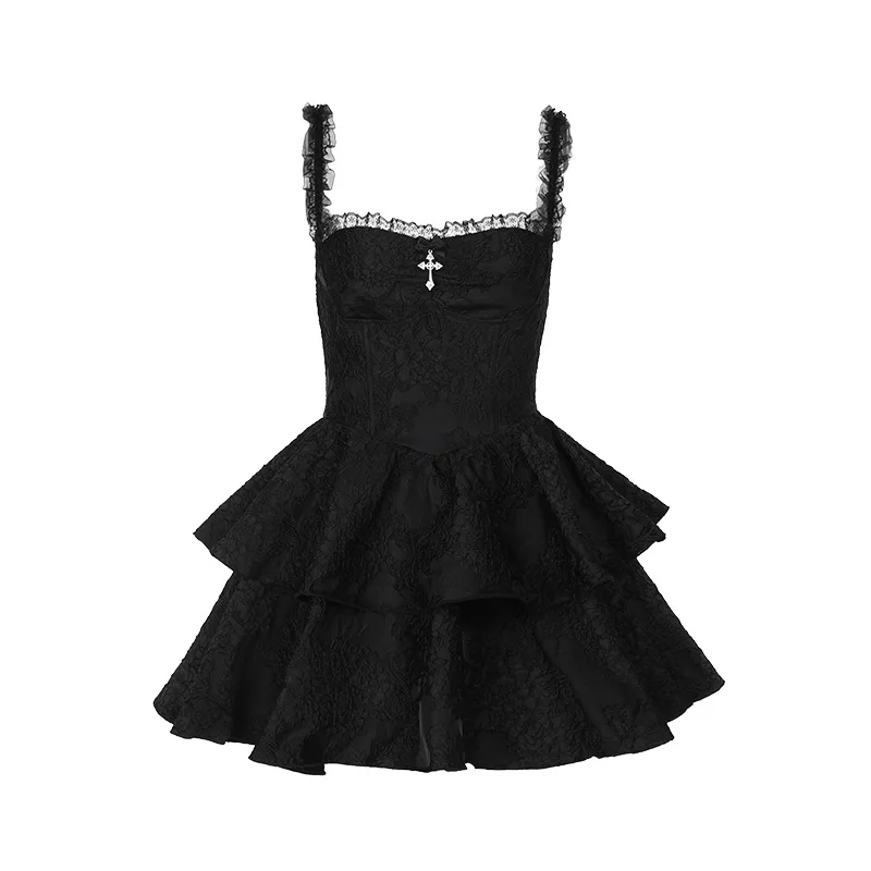 Gothic Jacquard Double Cake Suspender Dress Women Vintage Lace Trim Backless A Line Mini Dress Sexy Club Cami Dress