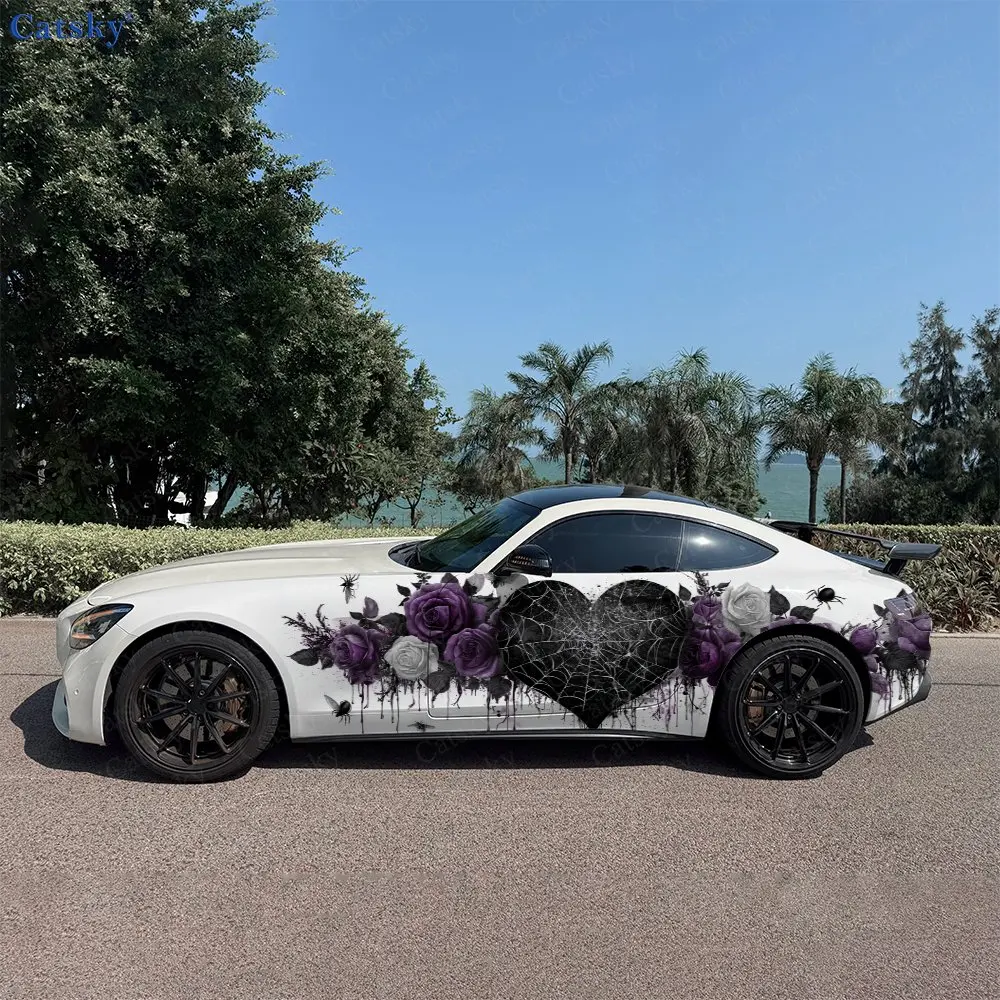 2pcs Twisted Blossoms Gothic Heart Car Side Wraps, Self-Adhesive PVC Waterproof & Scratch-Resistant Stickers, Car Accessory Gift