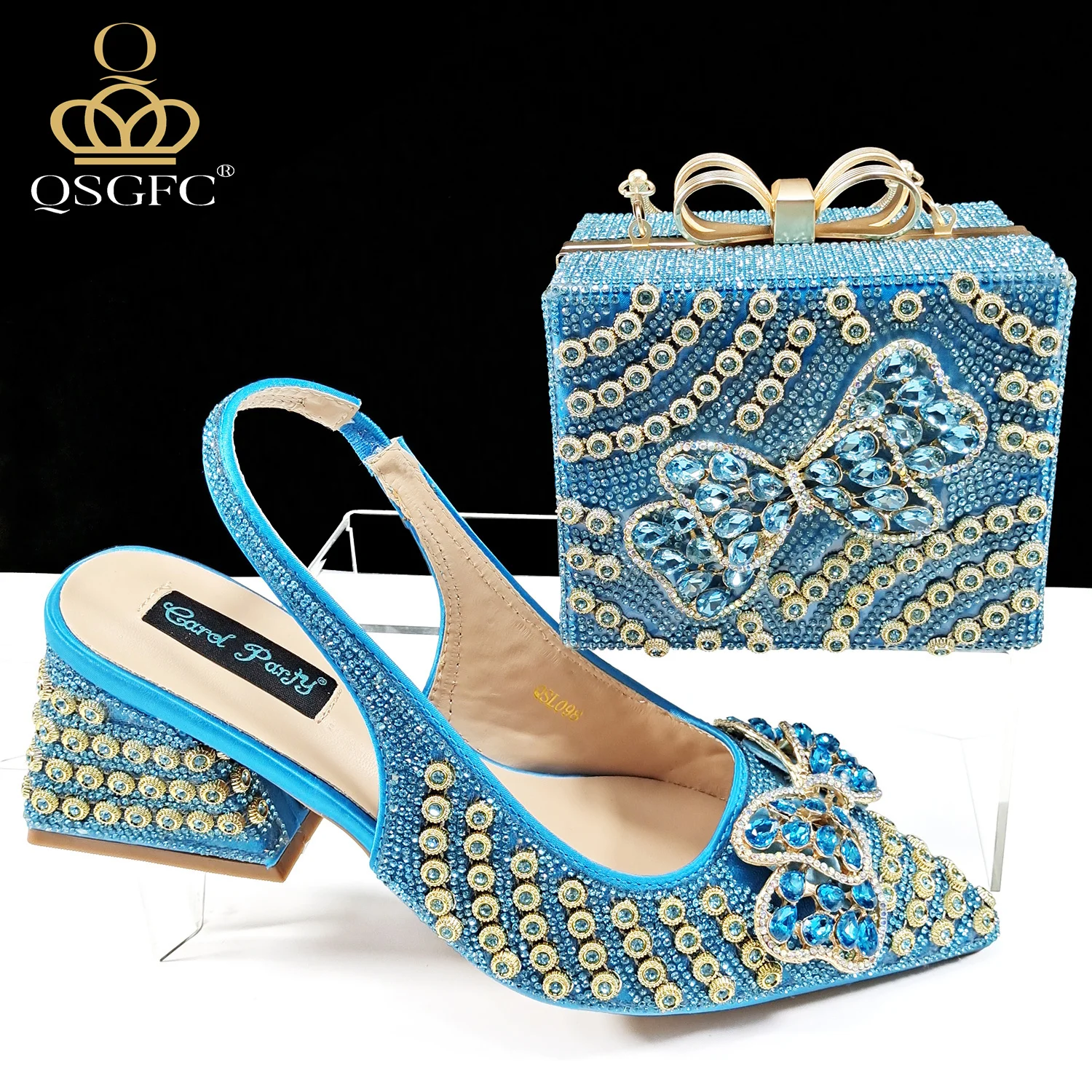 

Newest Sweet Style Butterfly-kont and Colorful Rhinestone Design Sky Blue Color Pointed Toe High Heel Women Shoes and Bag Set