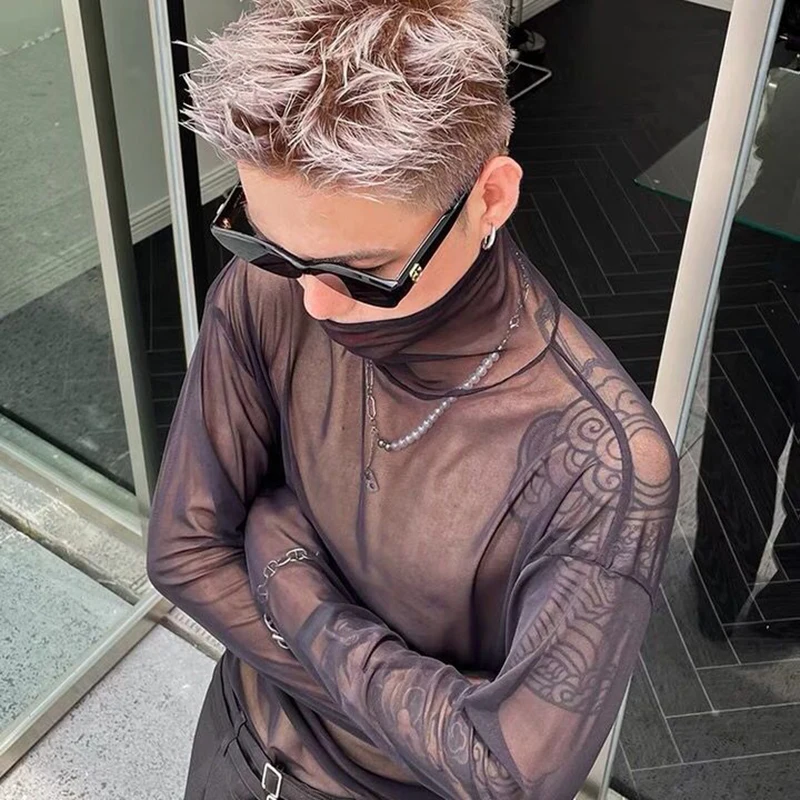 Turtleneck See Through Fashion Thin Casual Hip Hop Cool New Hoodie Long Sleeve Summer Clothes Men Breathable Mesh Top New Street