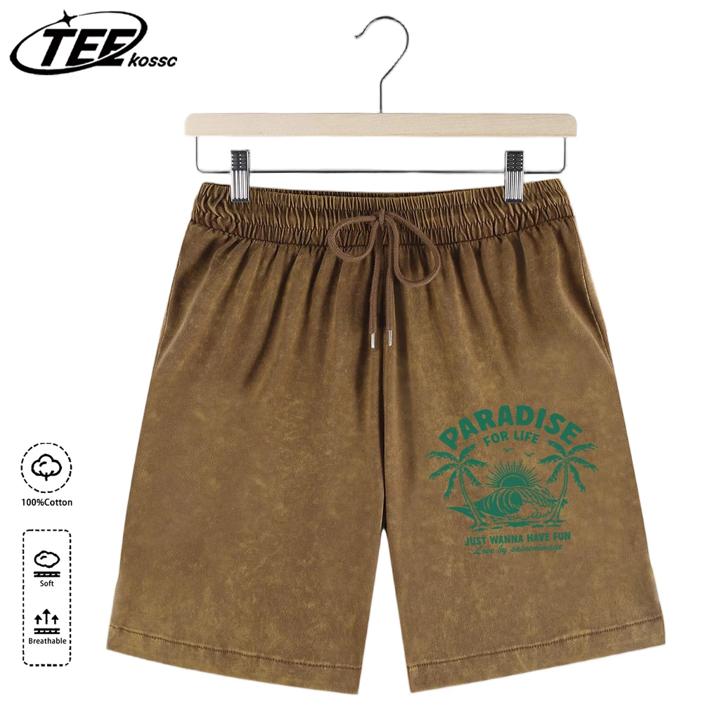 

Pardise For Life Wave Coconut Tree Print Man'S Summer Beach Washed Bottom Cotton Oversized Cool Shorts Vacation Sport Pants