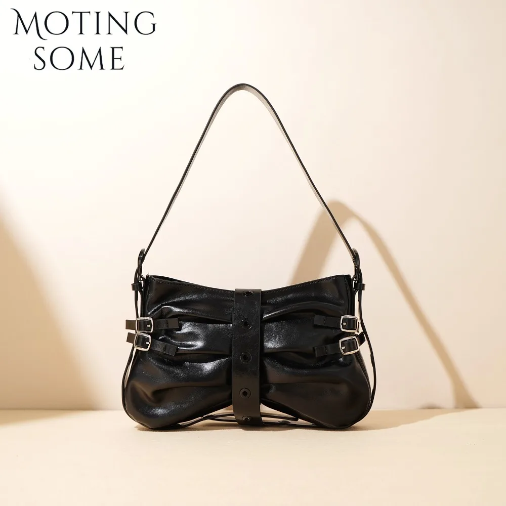 Motingsome 2024 New Style Shoulder Women Bags Luxury Satchel Fashion Motorcycle Bag Unique Wrinkle Pattern Mini Pouch Black