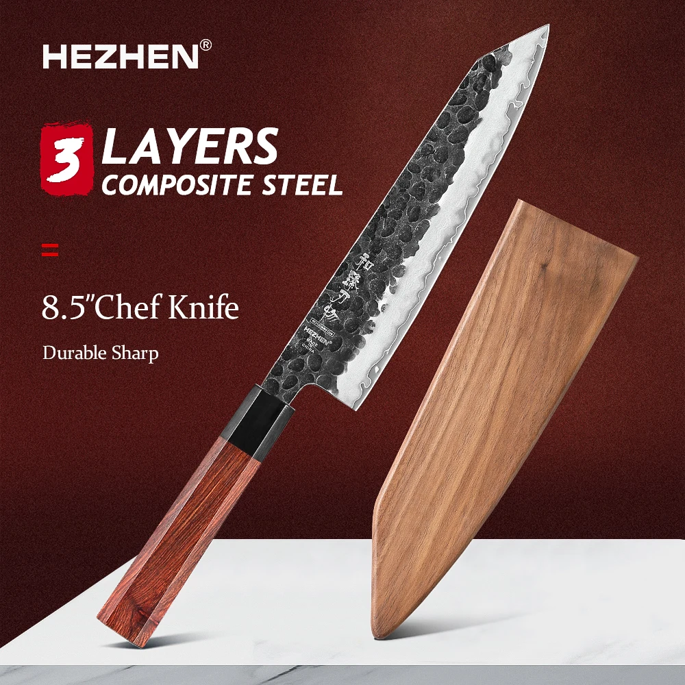 

HEZHEN 8.3 Inches Chef Knife 3 Layers Composite Steel High quality Red wood handle Kitchen Accessories